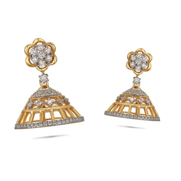 Captivating 18 KT Yellow Gold And Diamond Studded Jhumkas
