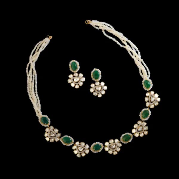 Emerald Polki Diamond Necklace Set